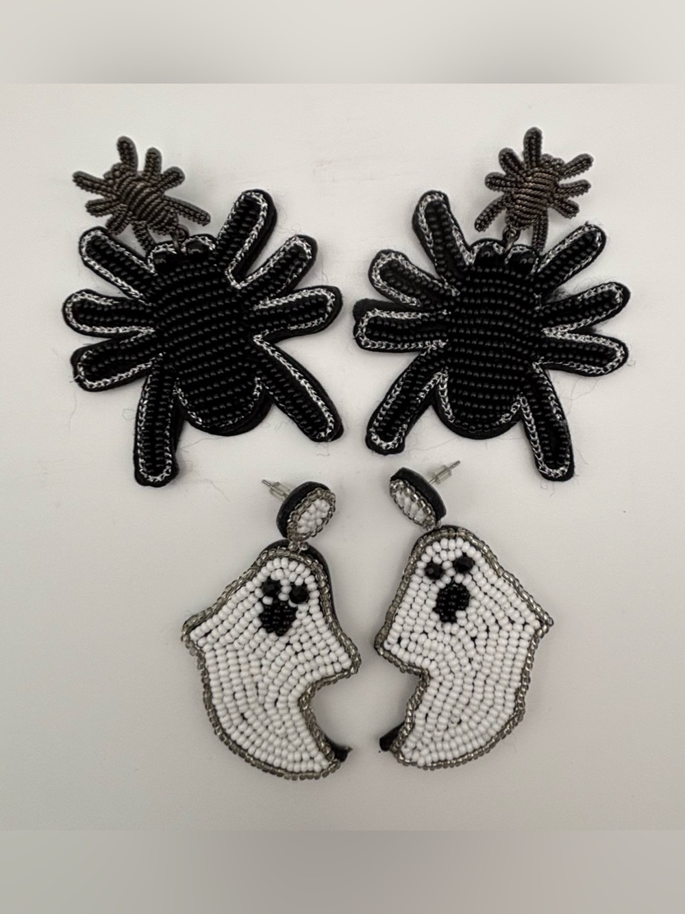 Halloween Spider and Ghost Beaded Statement Earrings - Black & White